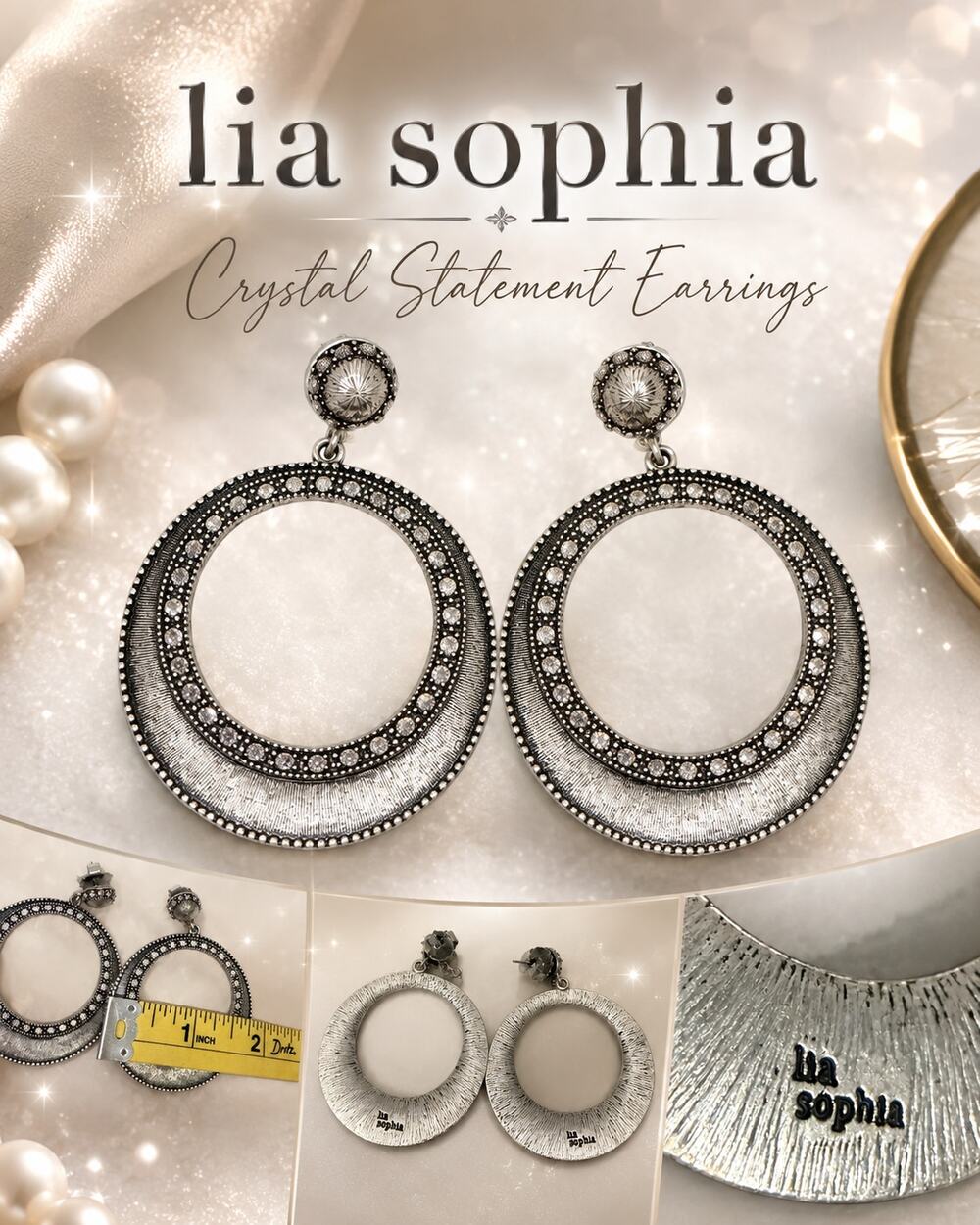 Lia Sophia Silver Crystal Double Hoop Drop Statement Earrings